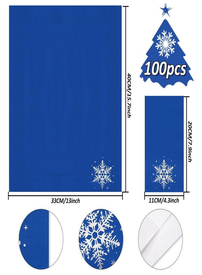 JarThenaAMCS مناديل جارثينا إيه إم سي إس الشتوية للضيوف، 100 قطعة، مناديل ورقية للاستخدام مرة واحدة، فضية اللون، مزينة بنقوش ندفات الثلج، مناديل ورقية زرقاء اللون، مثالية لحفلات عيد الميلاد الشتوية - Image 2